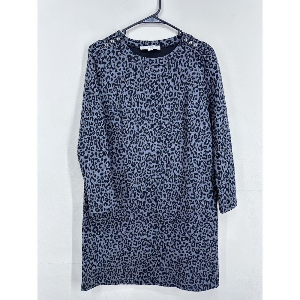 LOFT Animal Leopard Print Long Sleeve Sweater Dress MEDIUM Grey Indie Sleaze